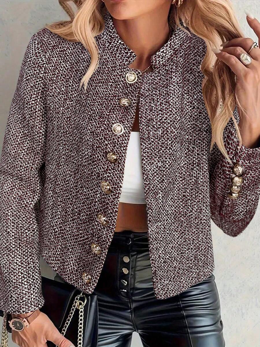 SHEIN LUNE Women's Elegant Metal Buckle Decor Open Front Tweed Jacket - Black - View 1