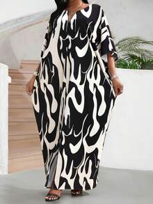 SHEIN Lady 秋冬休闲白色编织翻领裹身连体袖长款连衣裙，大码女装，秋季女装，外出服，四季皆宜的复活节连衣裙，女士沙滩装，商务休闲女装 - 黑與白 - 查看 4