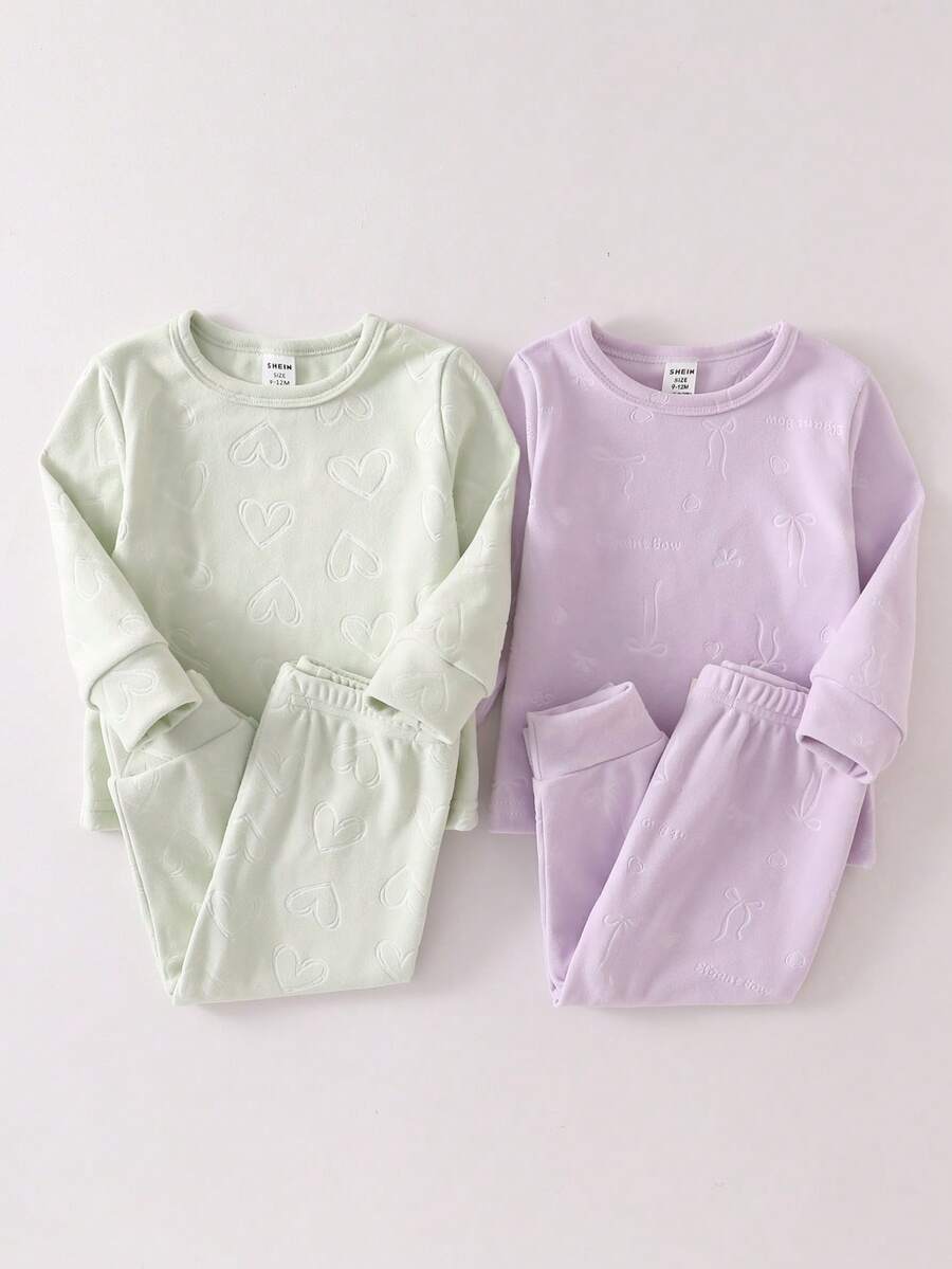 4件套女婴休闲纯色浅粉色和浅紫色长袖上衣和裤子舒适家居服套装 - 彩色 - 查看 1