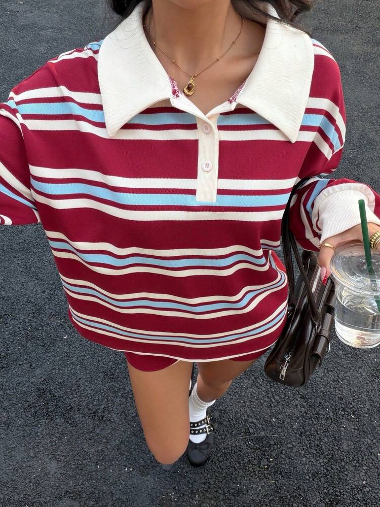 Set di camicia polo a maniche lunghe a righe e pantaloncini color borgogna, completo casual a righe da donna in 2 pezzi - Multicolore - Visualizzare 5
