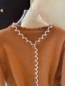 SHEIN Franclia Cárdigan romántico francés con volantes de color contrastante, estilo de transporte - Café integral - Ver 4