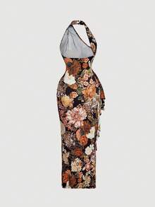 SHEIN MOD 1件装女士可折叠露背吊带碎花装饰修身长裙，夏季女装 - 橘色 - 查看 2