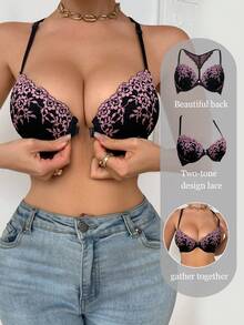 1pc Two-Tone Lace Halter Backless Front Closure Underwire Bra - Multicolor - View 1