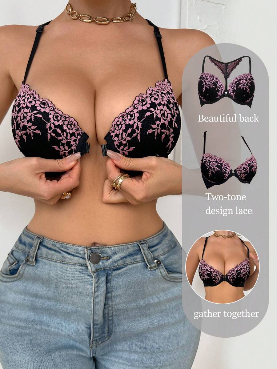 1pc Two-Tone Lace Halter Backless Front Closure Underwire Bra - Multicolor - View 1