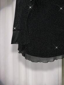 SHEIN ICON Plus Size Ladies Party Outfit Retro Suitable For Date, Shiny Silk Pleated Mini Dress - Black - View 6