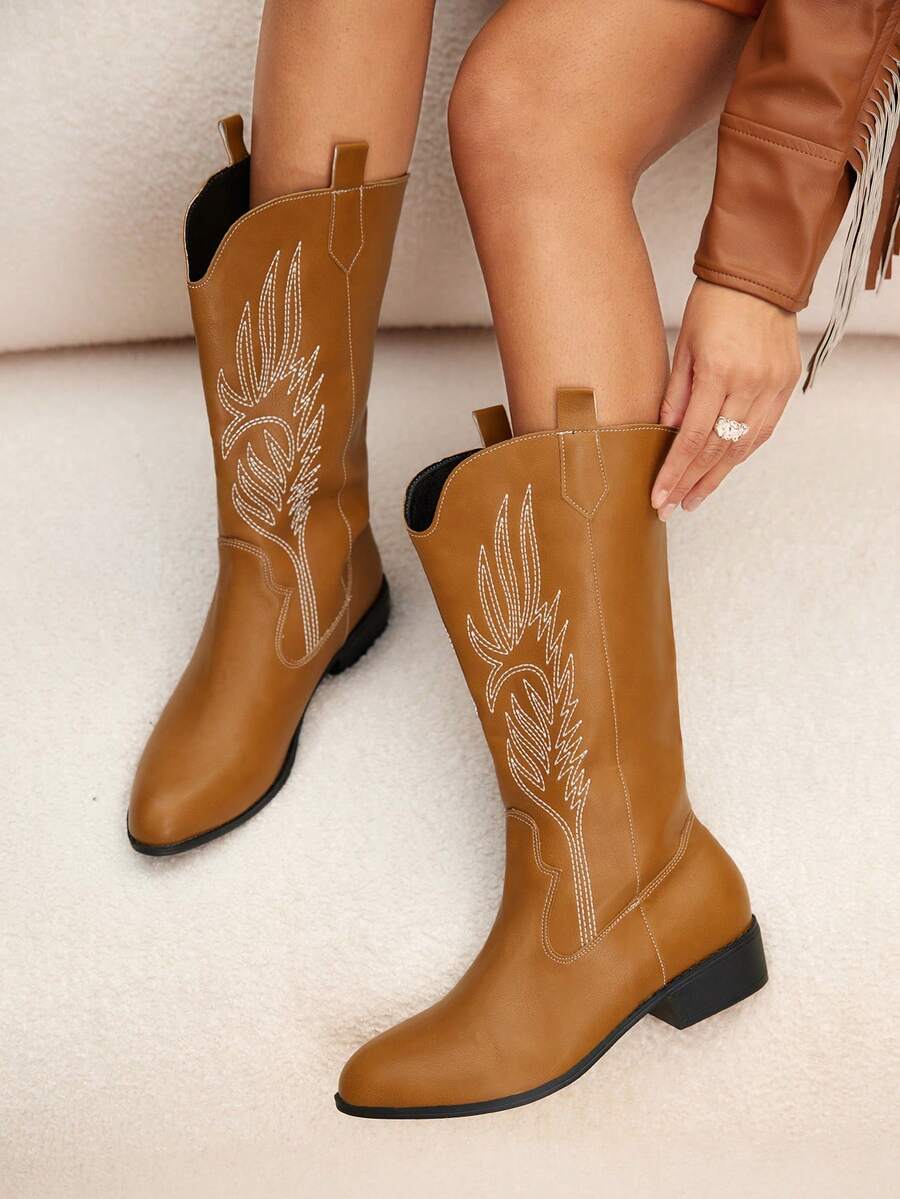 Daringsoles Women's Retro Western Style Chunky Heel Mid-Calf Boots - Brown - View 1