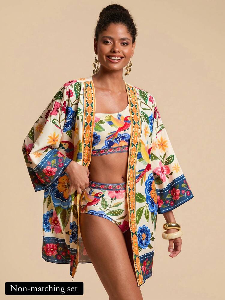 Travachic Women's Beach Vacation Casual Printed Open Front Cover Up,Vacation/Beach,Bathing Women Boho, Casual,Vacation,Summer Holiday,Vacation,Elegant,Going Out,Party,Beach,Summer Holiday, Tropical Vacation, Bohemian Outfits, Ibiza Outfits, Western Style - Multicolor - View 1
