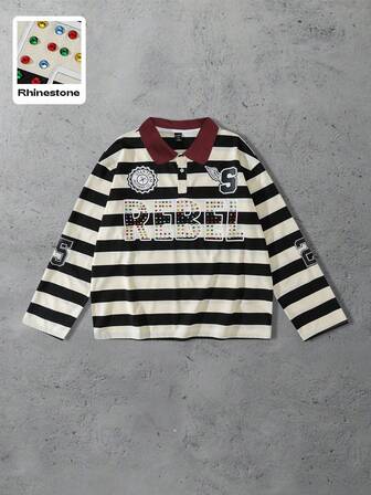 Street Life Chemise polo à manches longues ample avec rayures scintillantes et diamants pour hommes