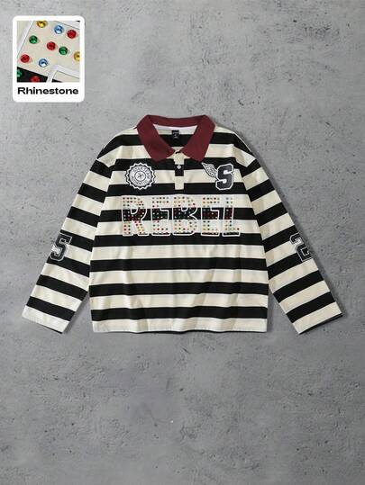 Street Life Chemise polo à manches longues ample avec rayures scintillantes et diamants pour hommes