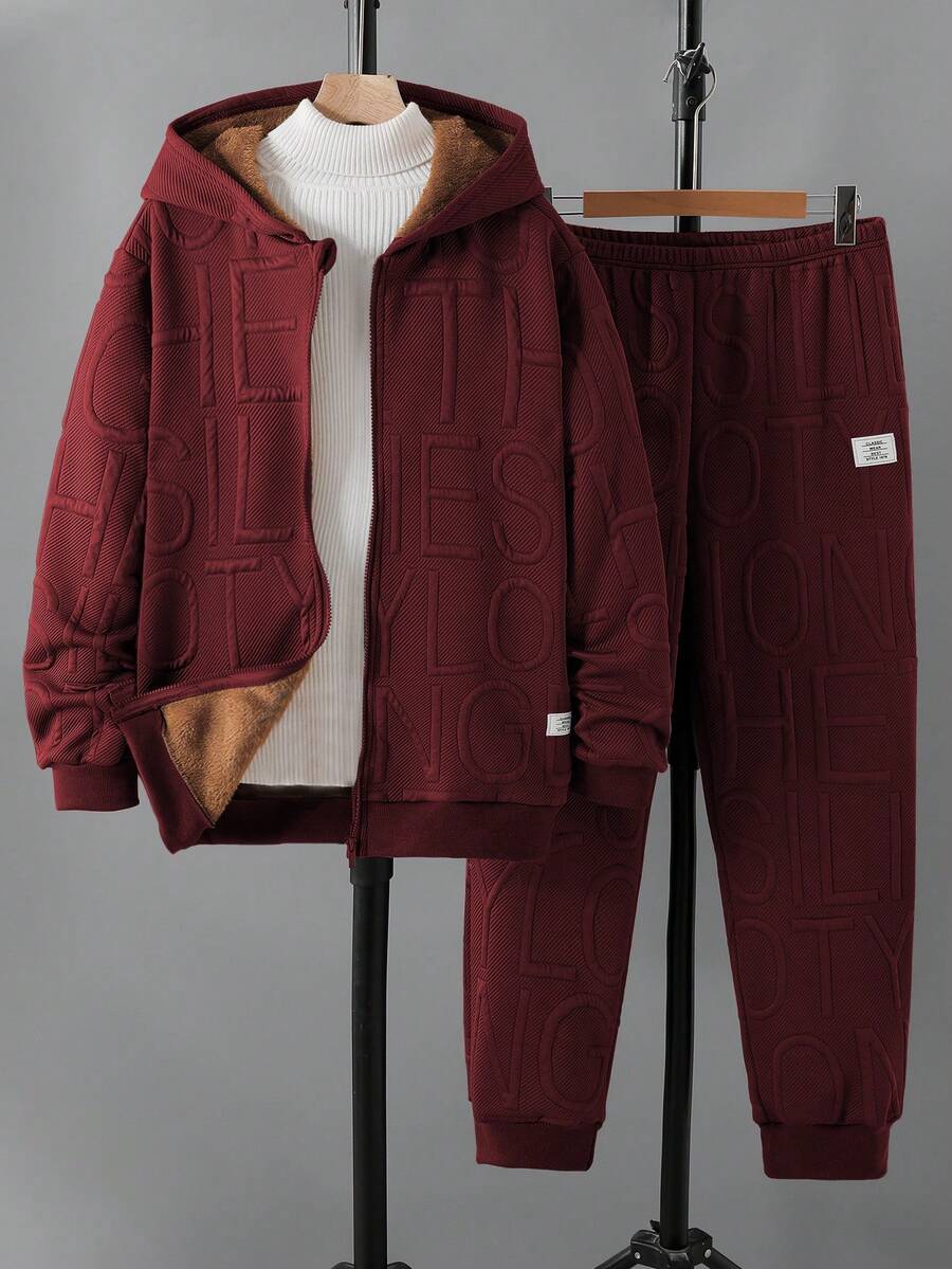 2pcs/Set Teen Boy Casual Solid Color Long Sleeve Thermal Lined Zip-Up Jacket And Pants Set, Suitable For Everyday Casual Outdoor Wear, Autumn/Winter - Burgundy - View 1