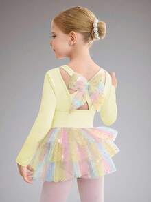 Mädchen Langarm Farbverlauf Tüll Ballettkleid, Kinder Farbverlauf Mesh Tutu Leotard Tanzkleidung