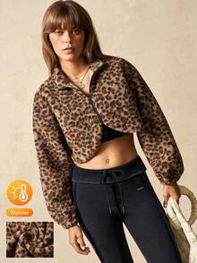 VARSIVA Women's Leopard Print Short Stand-Up Collar Zippered Elastic Cuff Windproof Fleece Jacket Autumn/Winter Style. - Multicolor - View 2