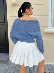 Muchica Áo thun cổ lệch màu xanh lam nhạt cỡ lớn, thường ngày, mùa thu - Màu xanh lam - Xem 2