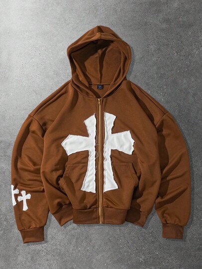 Goth Herren Lässig Hoodie Sweatshirt mit Kreuz Applikation und Reißverschlusstaschen