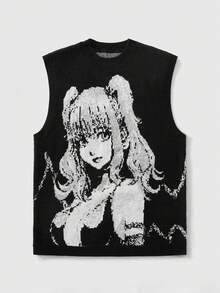 ROMWE MEN Men's Autumn/Winter Fashionable Anime Cartoon Character Knit Sweater Vest Top - Black - View 1