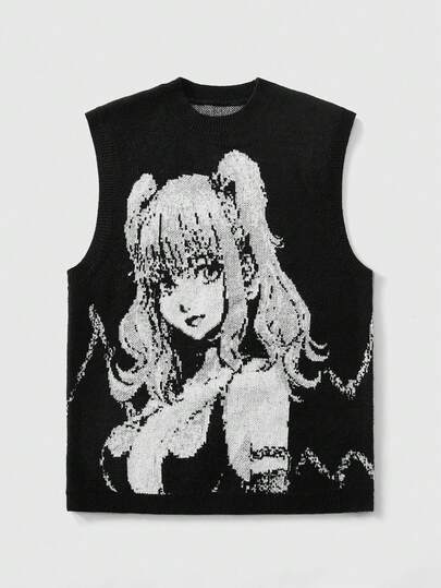 ROMWE MEN Men's Autumn/Winter Fashionable Anime Cartoon Character Knit Sweater Vest Top