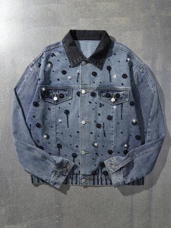 Herren Kontrast-Kragen Langarm Nieten Dekor Einreiher Lässig Denim Jacke