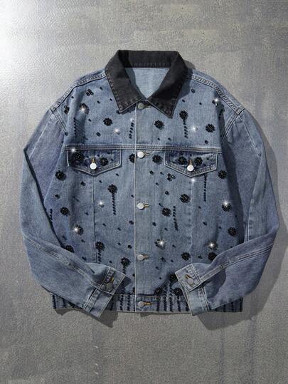 ROMWE MEN Men's Contrast Color Collar Long Sleeve Studded Decor Single-Breasted Casual Denim Jacket