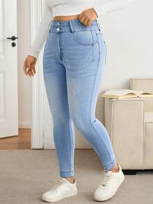 Lounesse Plus Size Blue Stretch Skinny Cropped Denim Jeans Winter Jeans Winter Women's Jeans Women Jeans Skinny Stretch Jeans Curve Women High Waisted Denim Curled Hem Pants - Light Wash - View 6