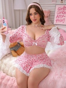 PetitDoll 3件套加大码性感蕾丝拼布透明内衣套装 - 粉色 - 查看 4