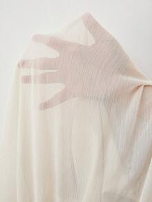 Lounesse 女士加大码纯色撞色蕾丝圆领长袖优雅衬衫 - 杏色 - 查看 7