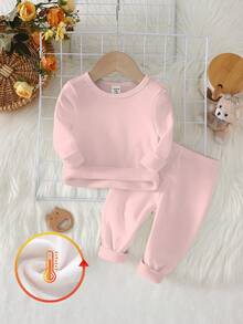 女童纯粉色圆领长袖上衣搭配长裤，简约甜美，百搭实用，针织弹力面料，舒适柔软，加厚保暖内里，适合秋冬季穿着。 - 藕粉色 - 查看 1