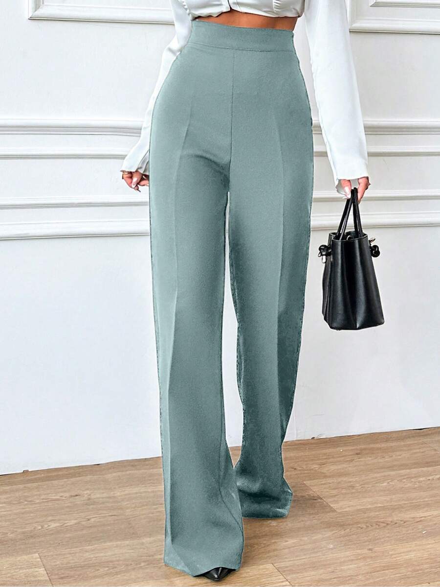 EURMUSE Quần ống đứng lưng cao màu trơn thường ngày cỡ lớn dành cho nữ - Màu xanh bạc hà - Xem 1