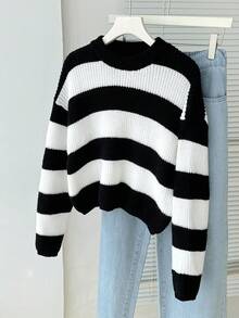 SHEIN Tween Girl Thick Knit Long Sleeve Sweater, Fashionable & Minimalist, Autumn/Winter Cropped Sweater Aesthetic Striped Sweater Cute Sweater Autumn Winter Sweater Jumper - Black and White - View 5
