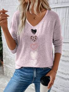 EMERY ROSE Women's New Arrival Heart Print V-Neck Long Sleeve Casual Versatile T-Shirt, Autumn/Winter - Baby Pink - View 5