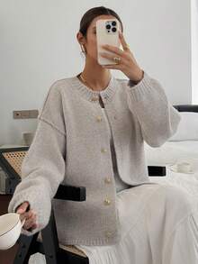 DAZY Women's Loose Casual Metal Button Cardigan, Autumn/Winter - Grey - View 3