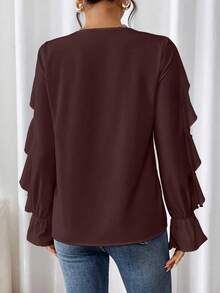 SHEIN Clasi 女士纯色V领荷叶边长袖优雅衬衫 - 酒紅色 - 查看 2