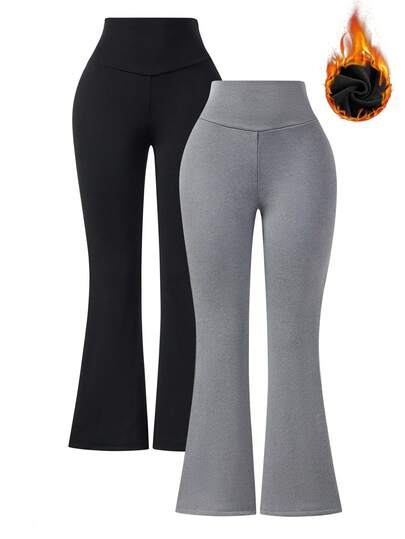 GlowEve Pantalones acampanados casuales de mujer con cintura elástica y forro térmico de unicolor, para otoño/invierno