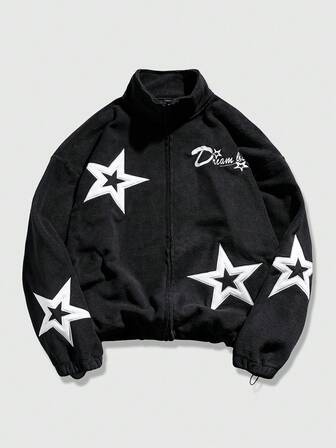 Street Life Herren Lässig Jacke mit Stern Stickerei, Stehkragen, Reißverschluss, Herbst