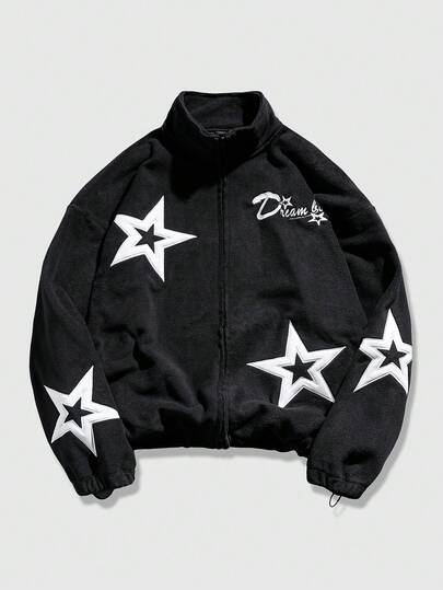 Street Life Men's Casual Star Embroidered Zip-Up Stand Collar Jacket, Autumn