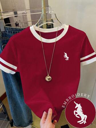 Resyla Women's T-Shirt/Unicorn Pattern Print/Embroidery Craft/Women's Loose Casual Contrast Color Round Neck T-Shirt Top/Fashion Sweatshirt/Spring And Summer