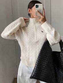 Livesso 秋季新款女士休闲宽松半拉链毛衣 - 白色 - 查看 7