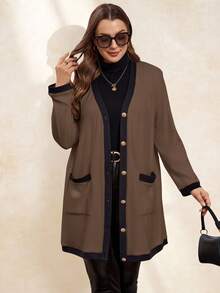 Chikora 大码女式优雅舒适金属纽扣长款保暖开衫，黑白配色，适合秋季穿着，女士防风外套，商务休闲女装 - 駝色 - 查看 6