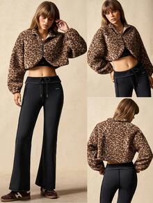 VARSIVA Women's Leopard Print Short Stand-Up Collar Zippered Elastic Cuff Windproof Fleece Jacket Autumn/Winter Style. - Multicolor - View 6