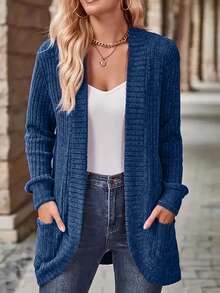 SHEIN LUNE 女士休闲罗纹磨毛开襟侧袋短裤薄外套 - 藍色 - 查看 6