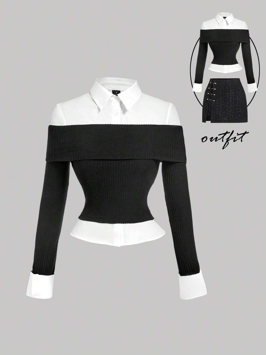 SHEIN MOD Elegant Black And White Autumn Knitted Spliced Shirt Two-In-One Top,Old Money Aesthetic,Office Wear,Retro 70s Y2K,Back-To-School,Party & Birthday Wear - Black and White - View 1