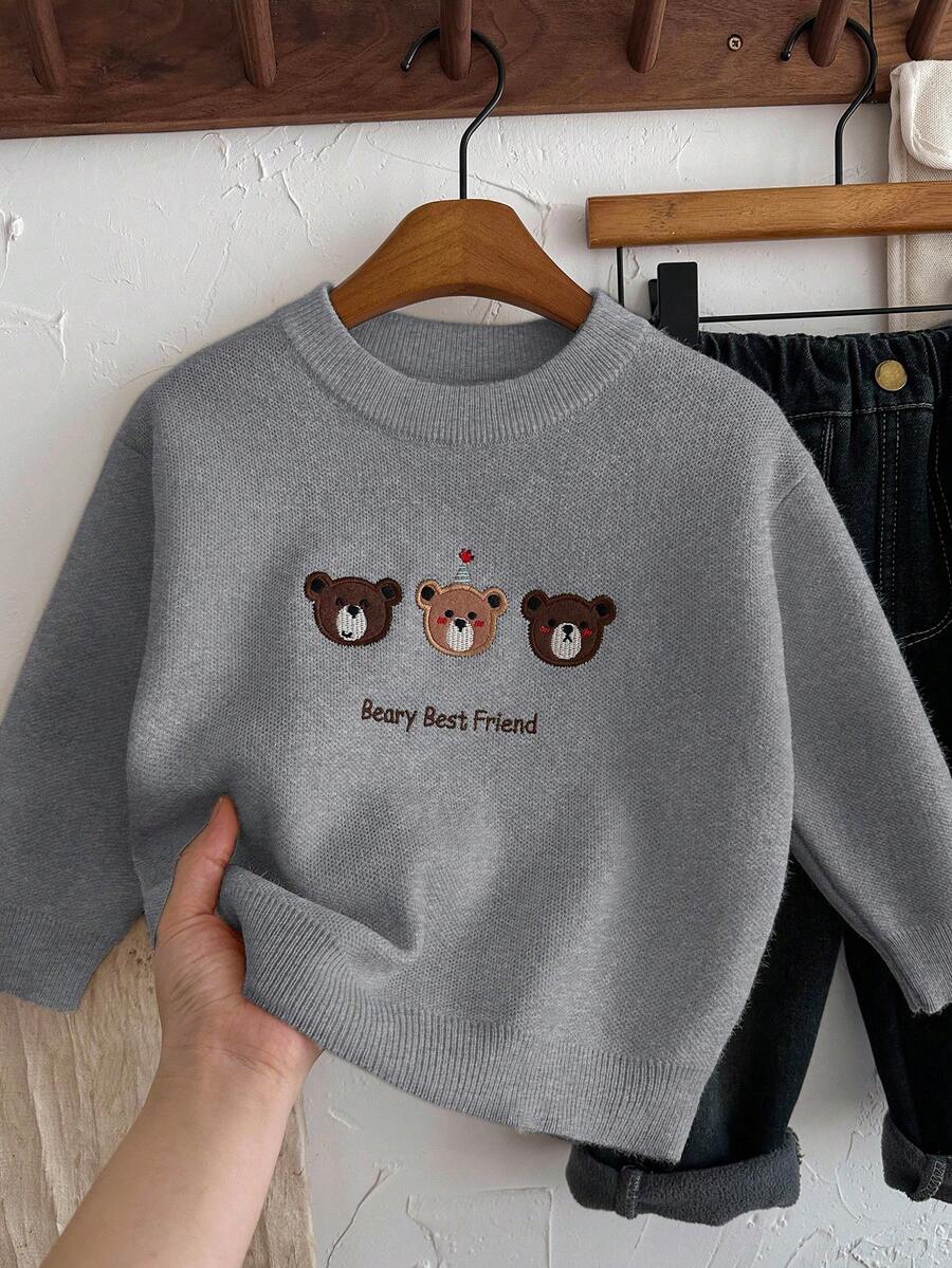 Young Boys' Thickened Fleece Pullover Sweater, Cute Animal Embroidery Pattern, Versatile & High Elasticity, Suitable For Home & Outdoor, Autumn/Winter - Grey - View 1