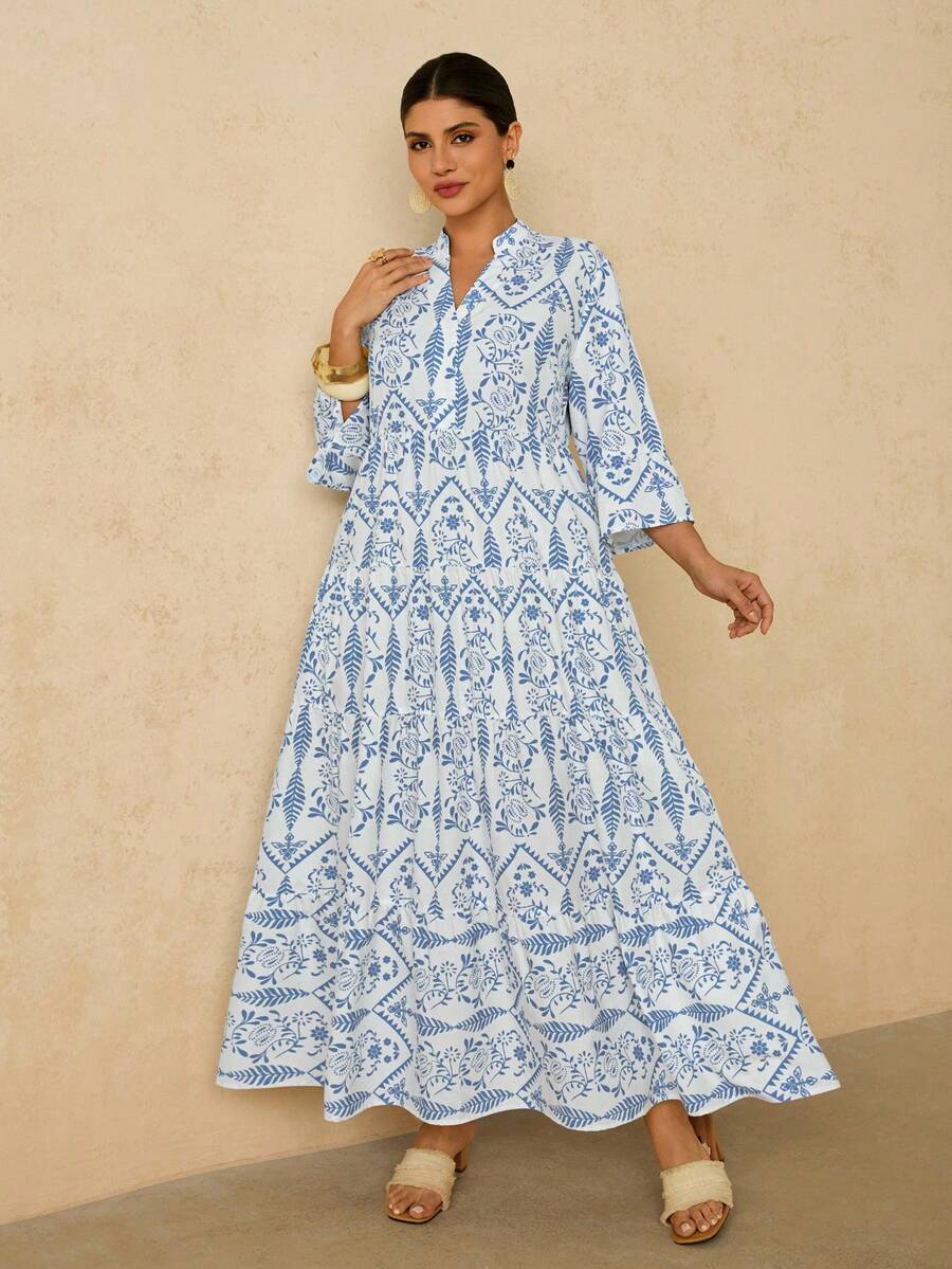 Travachic 大码女式蓝白圆点印花连衣裙，V领七分袖宽松长裙，适合希腊海边度假和秋季穿着 - 藍白色 - 查看 1