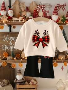 Baby Girl Christmas Beige,Autumn,Cute,Birthday Series Glitter Reindeer&Bow Print Long Sleeve Sweatshirt&Flared Winter Pants Set,Soft Warm Outfit - Multicolor - View 5