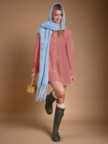 WESTFADE Đầm chữ A mini tay dài, cổ bèo nhún 100% cotton, cài nút, dễ thương, thường ngày, trang phục mùa thu, trang phục hòa nhạc đồng quê, mùa thu, mùa đông, phong cách Boho, trang phục phương Tây - Màu Hồng baby - Xem 6