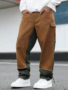 GALLERY FADE 男士休闲水洗撞色拼接工装牛仔裤 - 綠色 - 查看 7