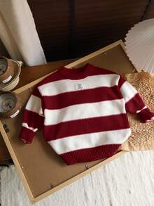 LMoss Kids LMoss 1pc Young Boys Korean Style Cute Casual Striped High Neck Oversized Warm Sweater, Can Be Worn Under Or Outerwear, Suitable For Outings, School, Daily Gatherings, Christmas, Autumn/Winter Red And White Sweaterkids Knit Sweaterstriped Sweater