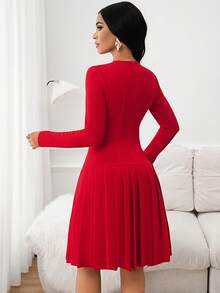 SHEIN Lady 女士优雅纯色褶皱迷你连衣裙，欧美风格 - 紅色 - 查看 2