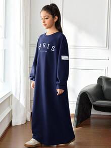 SHEIN Tween Girl Knitted Textured Oversized Crew Neck Long Sleeve Pullover Dress With Paris Letter Graphic Print Girls Navy Blue Abaya Kids Paris Dress Girls Matching Dresses Girls Long Sleeve Long Dresses Robe Kids - Navy Blue - View 5