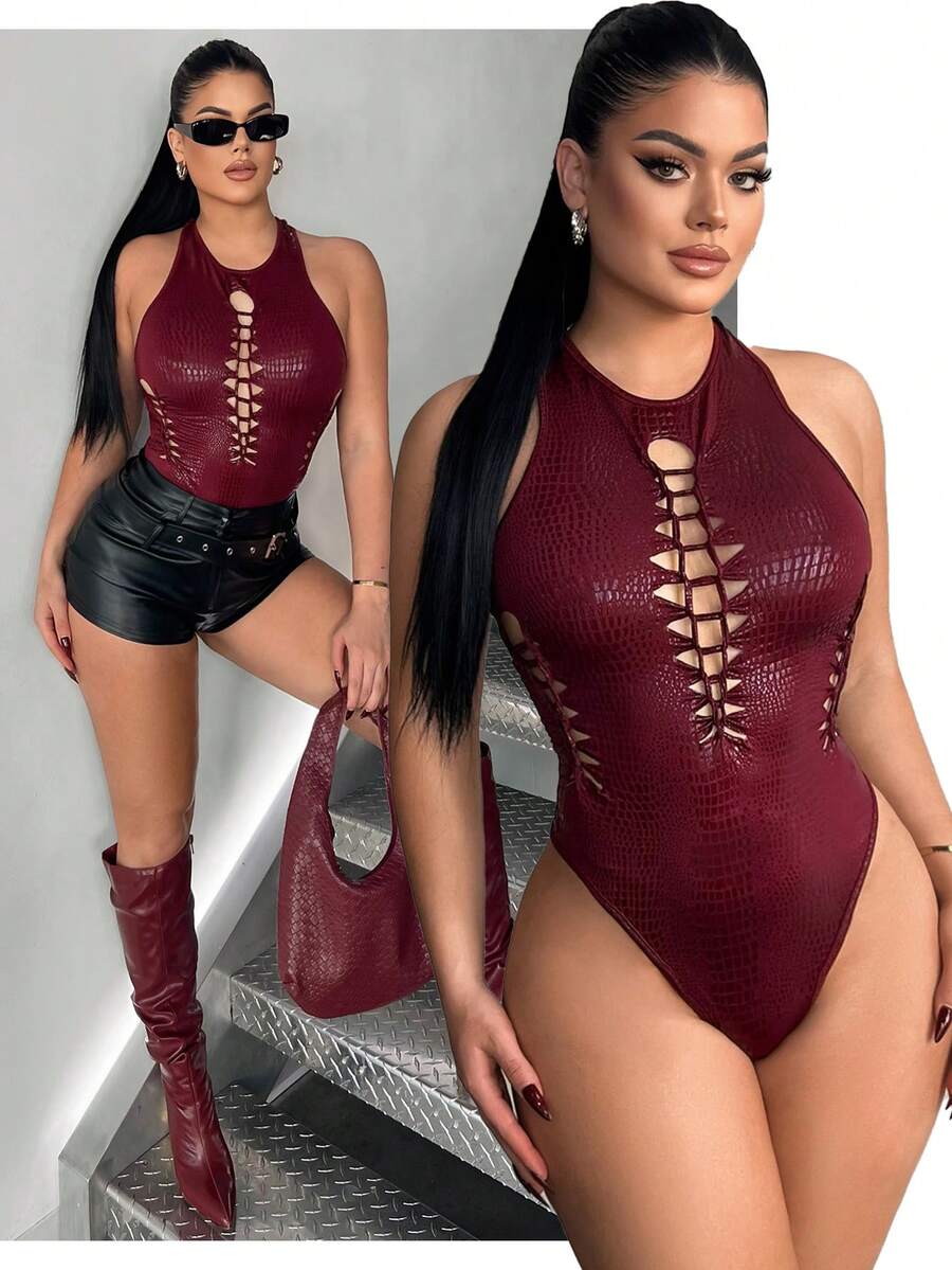SHEIN SXY Bộ đồ liền thân khoét sâu gợi cảm dành cho nữ, màu đỏ tía, phong cách câu lạc bộ - Màu Đỏ Sâu - Xem 1