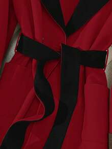 GlowEve 时尚新款撞色翻领腰带优雅法式中长款女式大衣 - 紅色 - 查看 3